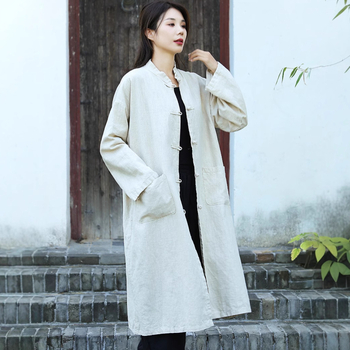 Len- és kenderváltozat kardigán kabát, magas gallér, lazán szabott, középmagas hosszúságú, homokos mosott