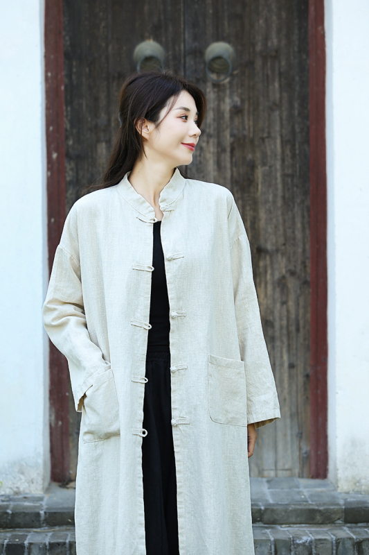 Len- és kenderváltozat kardigán kabát, magas gallér, lazán szabott, középmagas hosszúságú, homokos mosott