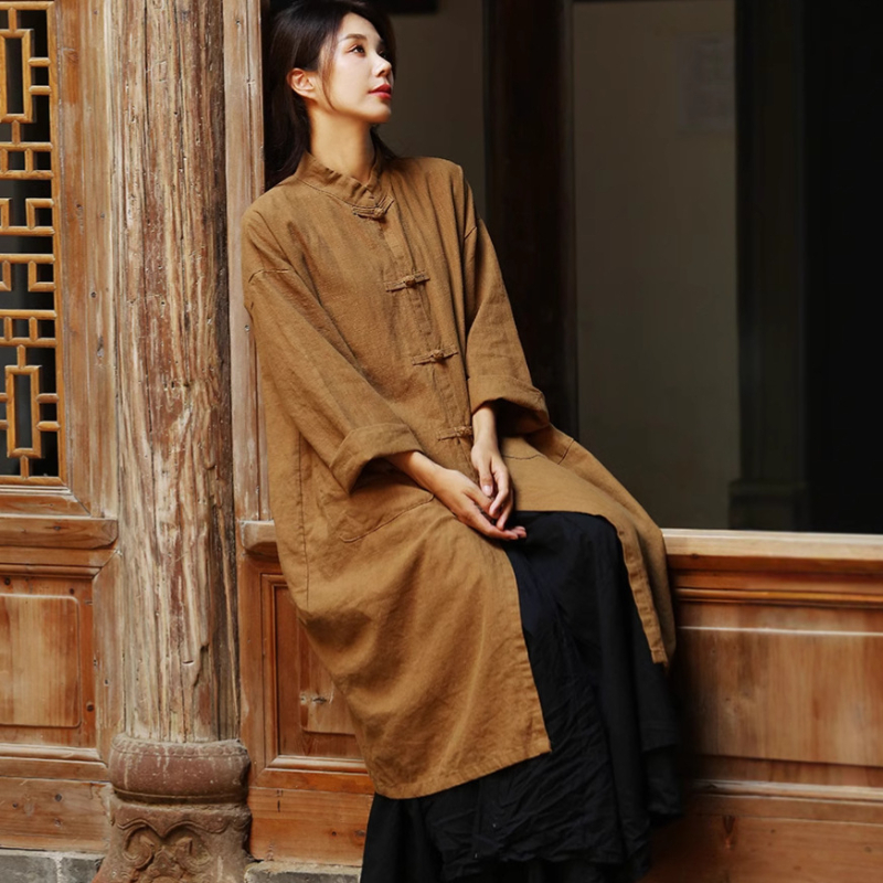 Len- és kenderváltozat kardigán kabát, magas gallér, lazán szabott, középmagas hosszúságú, homokos mosott