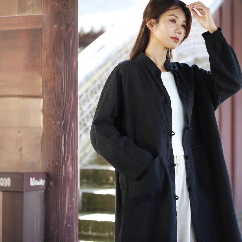 Len- és kenderváltozat kardigán kabát, magas gallér, lazán szabott, középmagas hosszúságú, homokos mosott