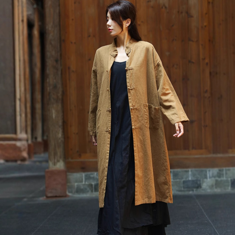 Len- és kenderváltozat kardigán kabát, magas gallér, lazán szabott, középmagas hosszúságú, homokos mosott