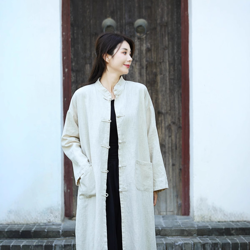 Len- és kenderváltozat kardigán kabát, magas gallér, lazán szabott, középmagas hosszúságú, homokos mosott