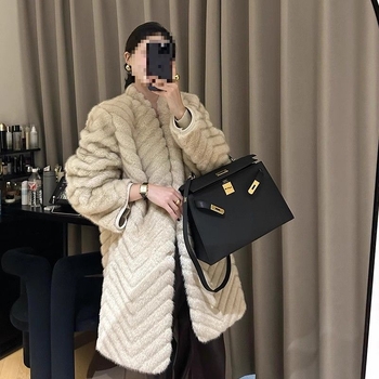 Palton pentru femei, lungime medie, model herringbone, blană artificială ecologică, imitatie Mink, țesătură Corduroy