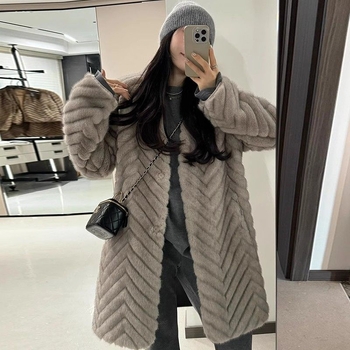 Palton pentru femei, lungime medie, model herringbone, blană artificială ecologică, imitatie Mink, țesătură Corduroy