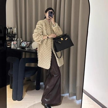 Palton pentru femei, lungime medie, model herringbone, blană artificială ecologică, imitatie Mink, țesătură Corduroy