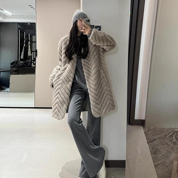 Palton pentru femei, lungime medie, model herringbone, blană artificială ecologică, imitatie Mink, țesătură Corduroy