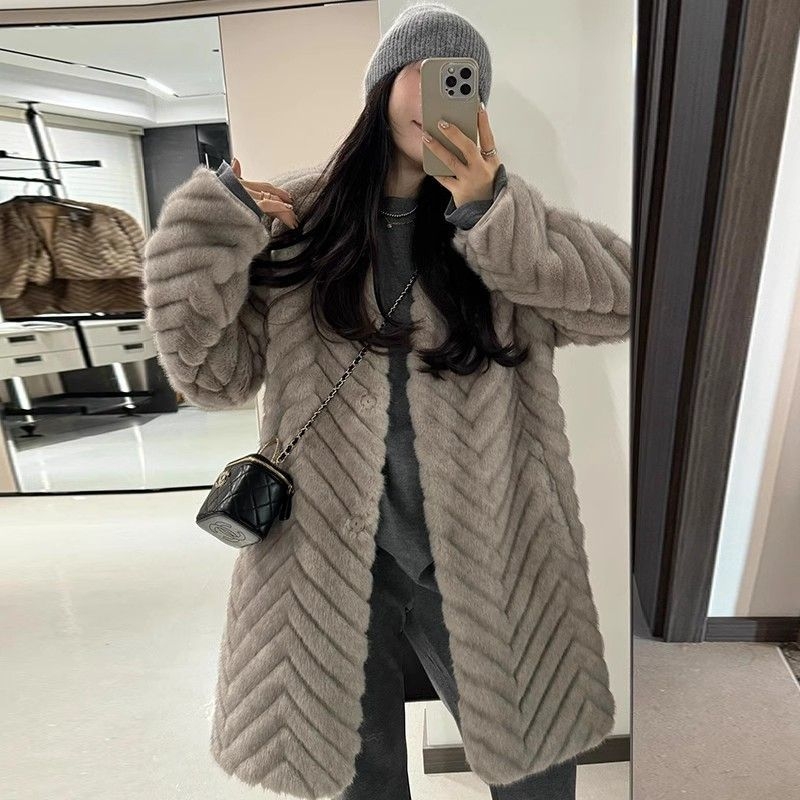 Palton pentru femei, lungime medie, model herringbone, blană artificială ecologică, imitatie Mink, țesătură Corduroy