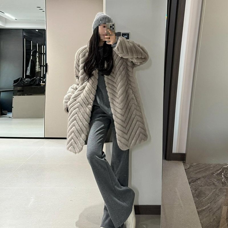 Palton pentru femei, lungime medie, model herringbone, blană artificială ecologică, imitatie Mink, țesătură Corduroy