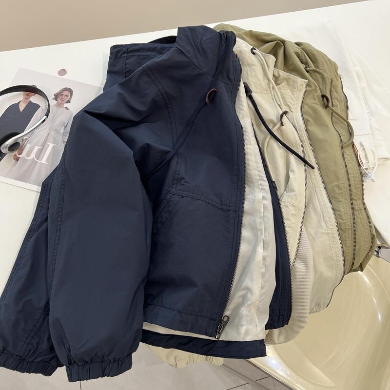 Moteriška medvilninė striukė su gobtuvu ir užtrauktuku, laisvas kirpimas, ilgos rankovės