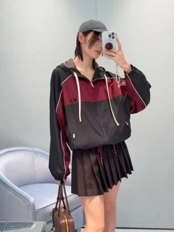 Jachetă cu glugă, croială lejeră, cusături collage/splicing, fermoar, lungime medie