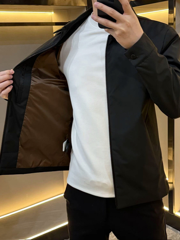 Мъжко яке за пролет и есен с лапел яка · ветроустойчиво, цип, Slim fit, памук-смесена материя, подплата от памук