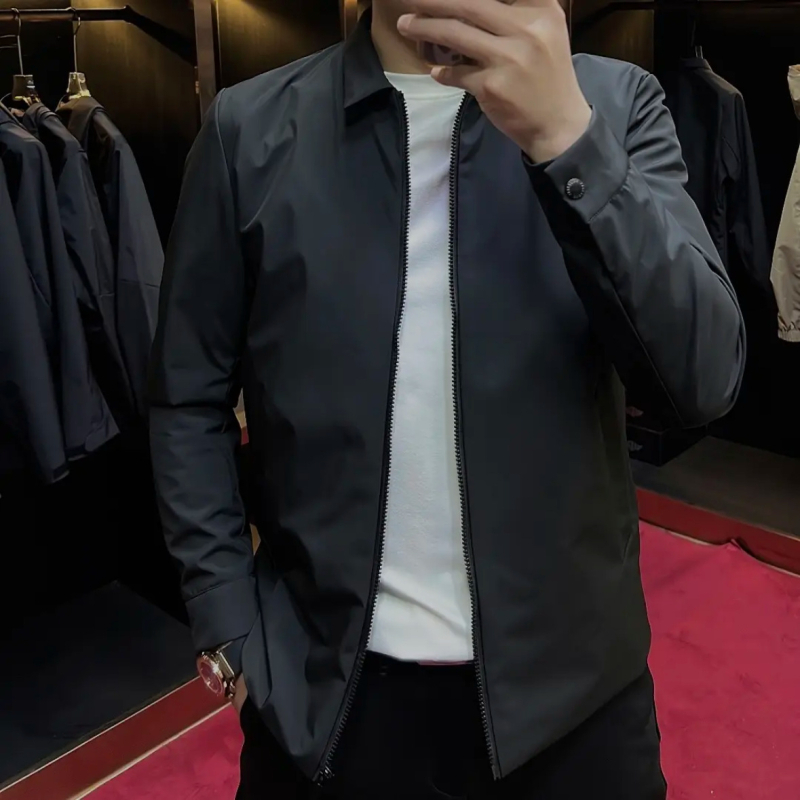 Мъжко яке за пролет и есен с лапел яка · ветроустойчиво, цип, Slim fit, памук-смесена материя, подплата от памук