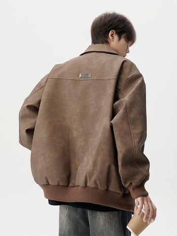 Férfiak számára készült amerikai retro motorosdzseki – bő szabás, reveres gallér, cipzáras lezárás, poliészter, tavasz-ősz 2025