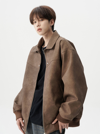 Férfiak számára készült amerikai retro motorosdzseki – bő szabás, reveres gallér, cipzáras lezárás, poliészter, tavasz-ősz 2025