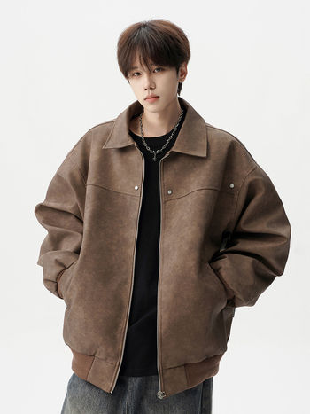 Férfiak számára készült amerikai retro motorosdzseki – bő szabás, reveres gallér, cipzáras lezárás, poliészter, tavasz-ősz 2025