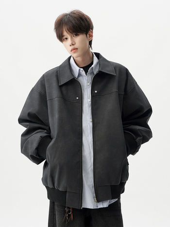 Férfiak számára készült amerikai retro motorosdzseki – bő szabás, reveres gallér, cipzáras lezárás, poliészter, tavasz-ősz 2025