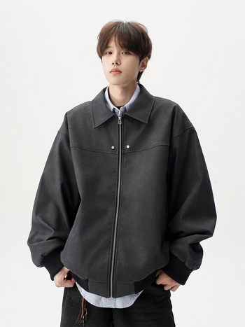 Férfiak számára készült amerikai retro motorosdzseki – bő szabás, reveres gallér, cipzáras lezárás, poliészter, tavasz-ősz 2025