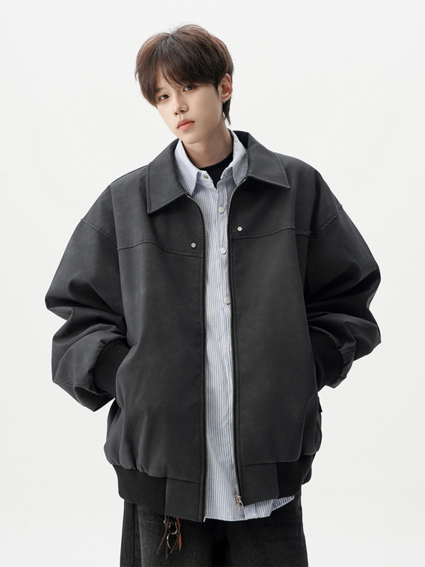 Férfiak számára készült amerikai retro motorosdzseki – bő szabás, reveres gallér, cipzáras lezárás, poliészter, tavasz-ősz 2025