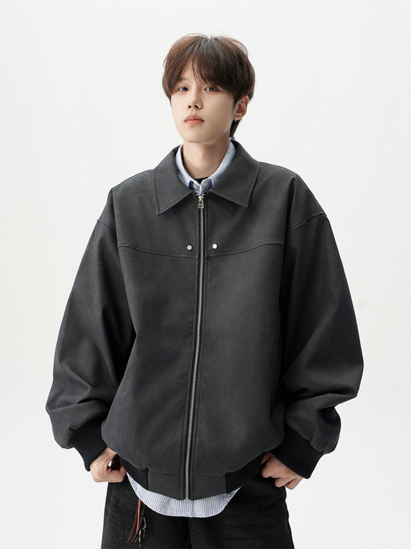 Férfiak számára készült amerikai retro motorosdzseki – bő szabás, reveres gallér, cipzáras lezárás, poliészter, tavasz-ősz 2025