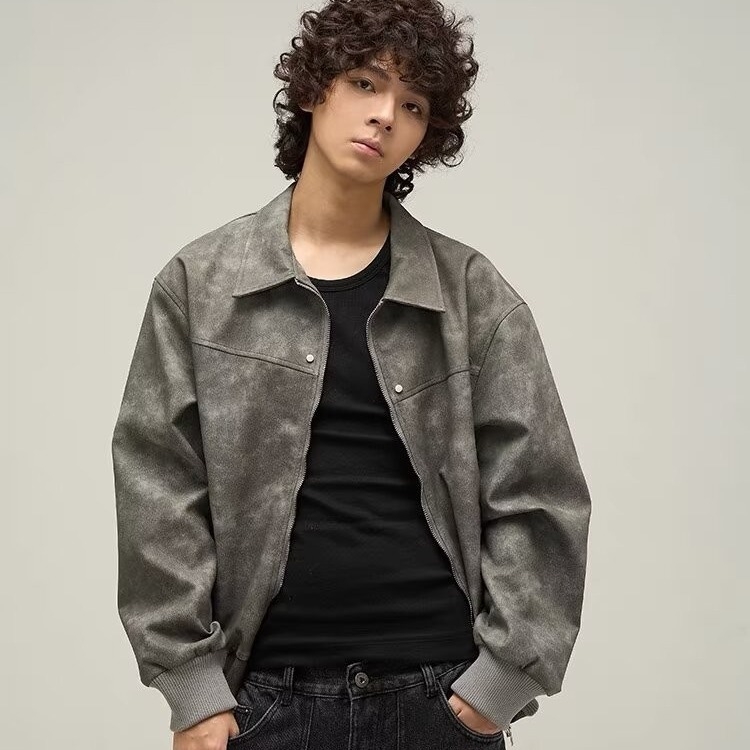 Férfiak számára készült amerikai retro motorosdzseki – bő szabás, reveres gallér, cipzáras lezárás, poliészter, tavasz-ősz 2025