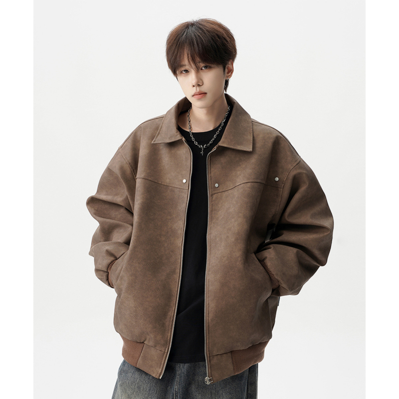 Férfiak számára készült amerikai retro motorosdzseki – bő szabás, reveres gallér, cipzáras lezárás, poliészter, tavasz-ősz 2025