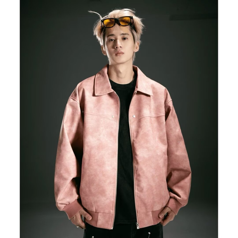 Férfiak számára készült amerikai retro motorosdzseki – bő szabás, reveres gallér, cipzáras lezárás, poliészter, tavasz-ősz 2025