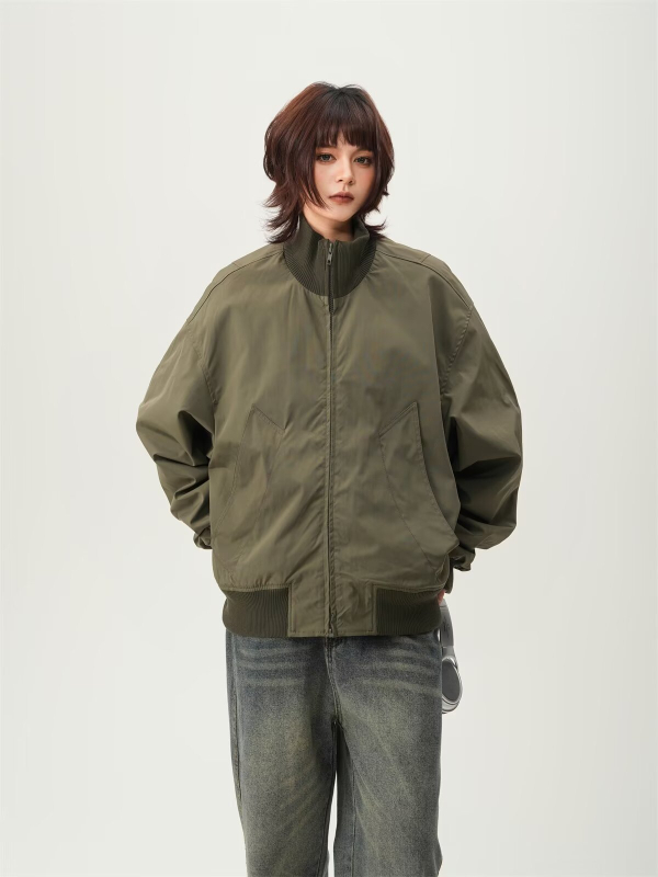 Мъжко пилотско яке в американски ретро стил с висока яка, свободна кройка, без качулка, полиестерна материя, зимен стил