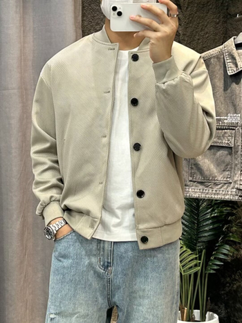 Férfi baseball kabát, laza fazon, gallér nélküli, egysoros gombolás, hosszú ujjú, tavasz–ősz
