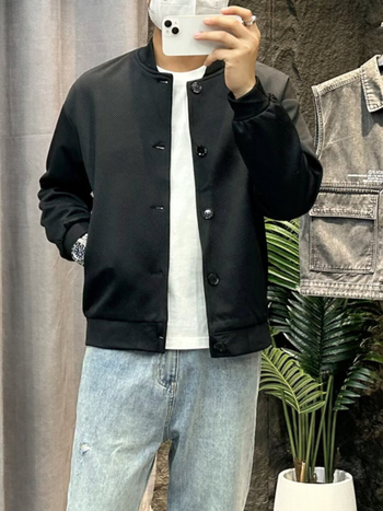 Férfi baseball kabát, laza fazon, gallér nélküli, egysoros gombolás, hosszú ujjú, tavasz–ősz