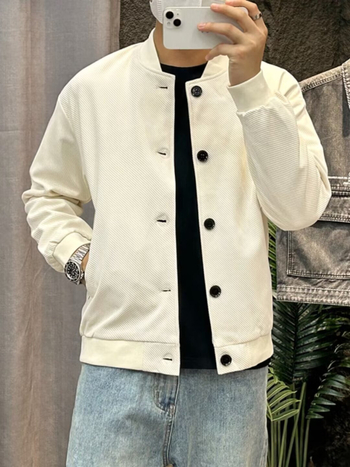 Férfi baseball kabát, laza fazon, gallér nélküli, egysoros gombolás, hosszú ujjú, tavasz–ősz