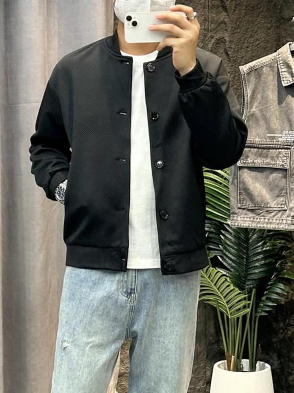 Férfi baseball kabát, laza fazon, gallér nélküli, egysoros gombolás, hosszú ujjú, tavasz–ősz