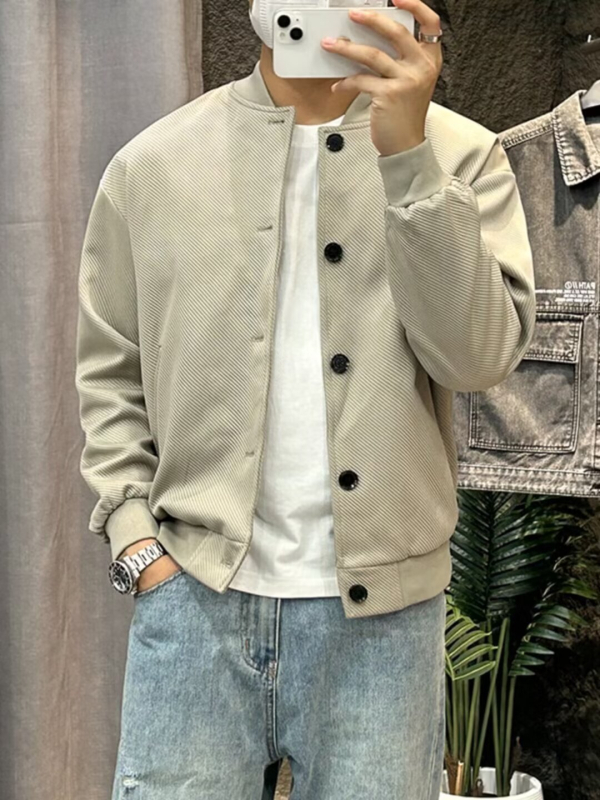 Férfi baseball kabát, laza fazon, gallér nélküli, egysoros gombolás, hosszú ujjú, tavasz–ősz