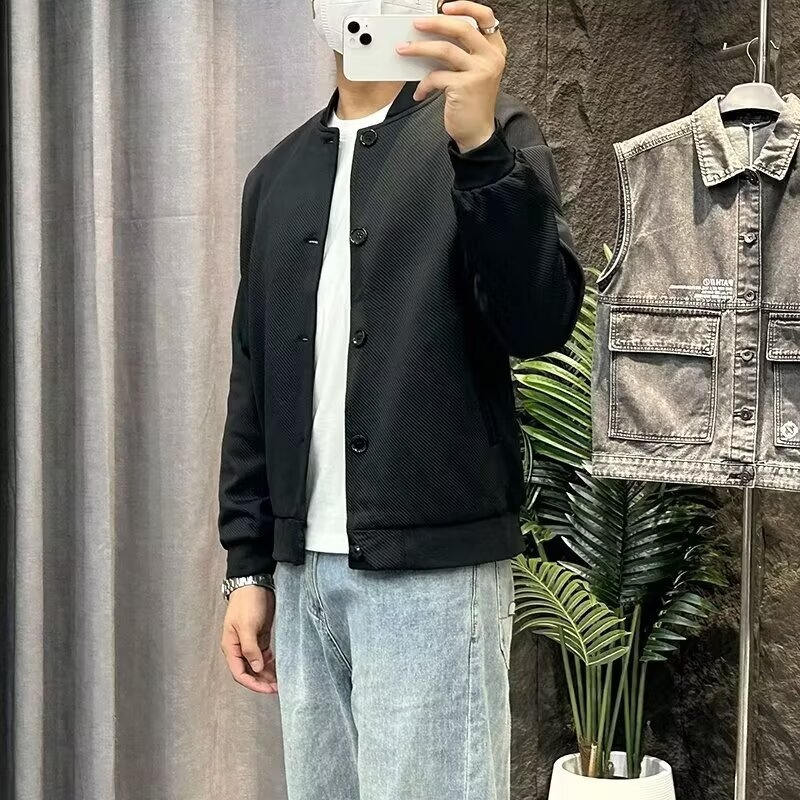 Férfi baseball kabát, laza fazon, gallér nélküli, egysoros gombolás, hosszú ujjú, tavasz–ősz
