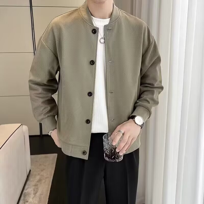 Férfi baseball kabát, laza fazon, gallér nélküli, egysoros gombolás, hosszú ujjú, tavasz–ősz