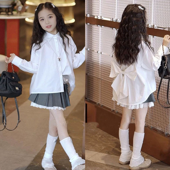 Lányoknak szóló koreai stílusú masnis blúz és pliszírozott szoknya szett, pamut, hosszú ujjú, 2025 nyár