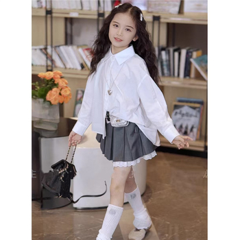 Lányoknak szóló koreai stílusú masnis blúz és pliszírozott szoknya szett, pamut, hosszú ujjú, 2025 nyár