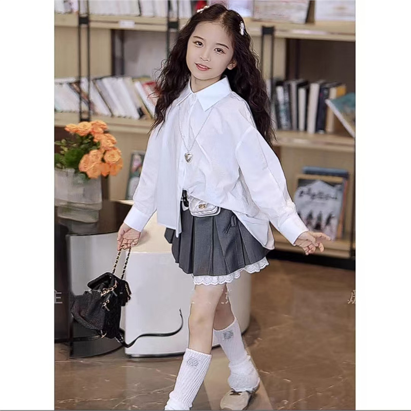 Lányoknak szóló koreai stílusú masnis blúz és pliszírozott szoknya szett, pamut, hosszú ujjú, 2025 nyár