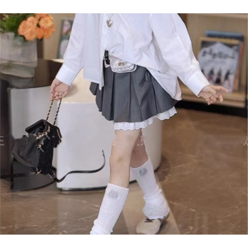 Lányoknak szóló koreai stílusú masnis blúz és pliszírozott szoknya szett, pamut, hosszú ujjú, 2025 nyár