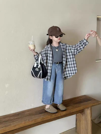 Gyerekeknek készült ing, lazított szabásvonal, koreai stílus, kockás minta, hosszú ujjú, 3–8 éves gyerekeknek