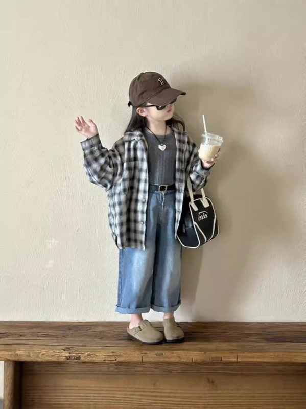 Gyerekeknek készült ing, lazított szabásvonal, koreai stílus, kockás minta, hosszú ujjú, 3–8 éves gyerekeknek