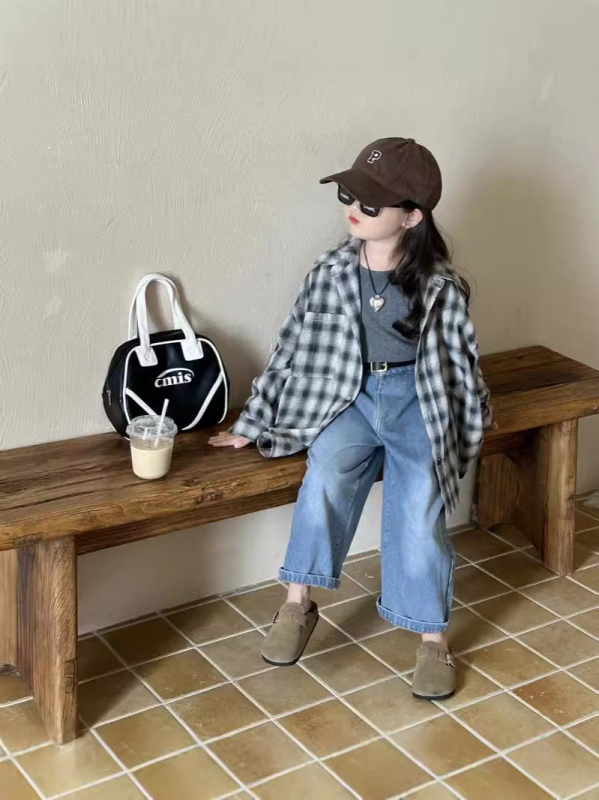 Gyerekeknek készült ing, lazított szabásvonal, koreai stílus, kockás minta, hosszú ujjú, 3–8 éves gyerekeknek