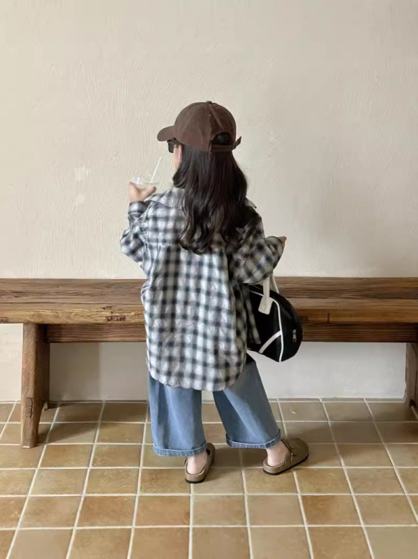 Gyerekeknek készült ing, lazított szabásvonal, koreai stílus, kockás minta, hosszú ujjú, 3–8 éves gyerekeknek