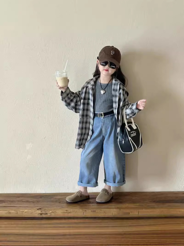 Gyerekeknek készült ing, lazított szabásvonal, koreai stílus, kockás minta, hosszú ujjú, 3–8 éves gyerekeknek