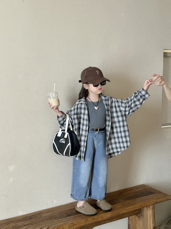 Gyerekeknek készült ing, lazított szabásvonal, koreai stílus, kockás minta, hosszú ujjú, 3–8 éves gyerekeknek