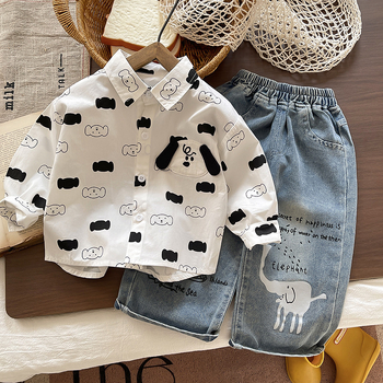 Két darabos gyerekruha készlet: pamut felső rajzfilm mintával és farmernadrág, hosszú ujjú, lazább stílus, 95% pamut, ősz-tavasz