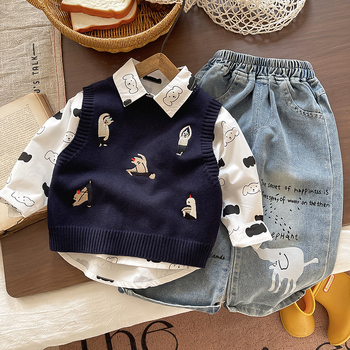 Két darabos gyerekruha készlet: pamut felső rajzfilm mintával és farmernadrág, hosszú ujjú, lazább stílus, 95% pamut, ősz-tavasz