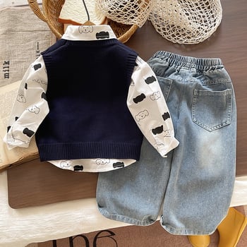 Két darabos gyerekruha készlet: pamut felső rajzfilm mintával és farmernadrág, hosszú ujjú, lazább stílus, 95% pamut, ősz-tavasz