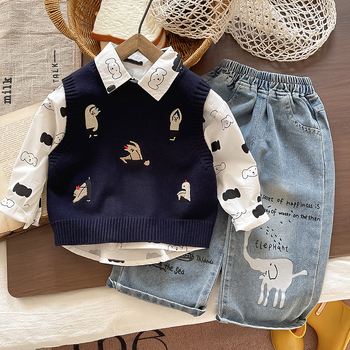 Két darabos gyerekruha készlet: pamut felső rajzfilm mintával és farmernadrág, hosszú ujjú, lazább stílus, 95% pamut, ősz-tavasz