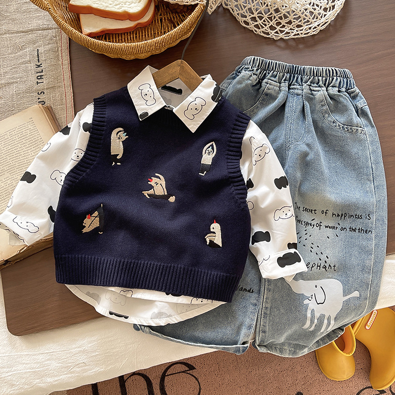 Két darabos gyerekruha készlet: pamut felső rajzfilm mintával és farmernadrág, hosszú ujjú, lazább stílus, 95% pamut, ősz-tavasz