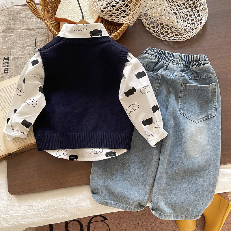 Két darabos gyerekruha készlet: pamut felső rajzfilm mintával és farmernadrág, hosszú ujjú, lazább stílus, 95% pamut, ősz-tavasz